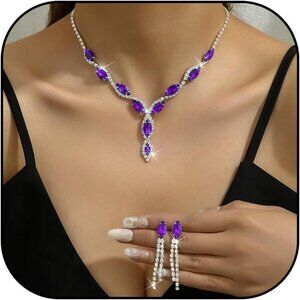 🆕Women Purple Formal Necklace and Earrings Set Prom Jewelry Set Accessories